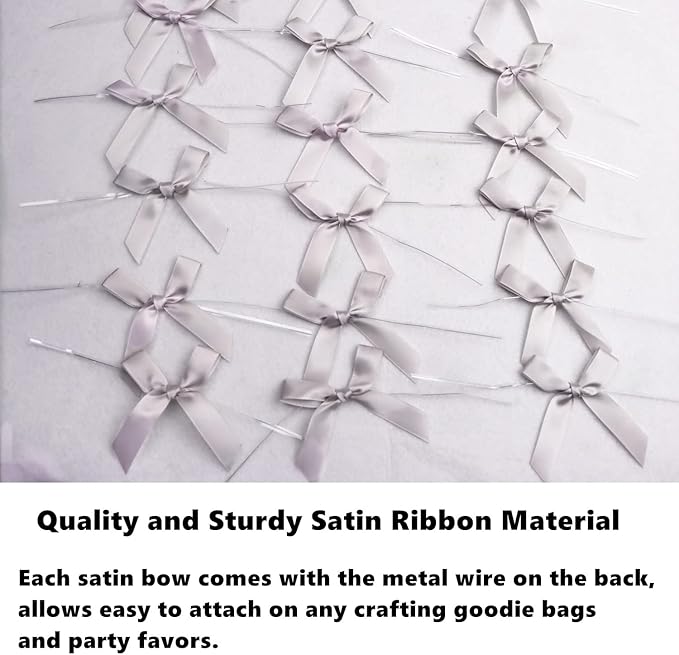 50 PCS 3 Inches Satin Bow Twist Ties, Ribbon Twist Tie Bows for Treat Bags, Pretied Bows, Twist Tied Bows with Wire for Bags, Pre Tied Ribbon Bows for Baby Shower, Favors, Popcorn(Silver)