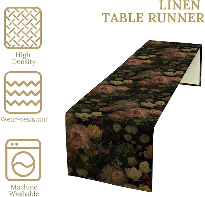 Vintage Floral Table Runner,Pink Flowers Rose Gothic Print Table Runner for Home Kitchen Table Dining Indoor Outdoor Party Decor 13x108 Inch