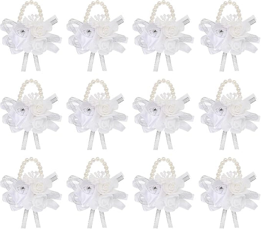 MECCANIXITY 12Pcs Wrist Corsage Artificial Flower Bracelets Rose Wrist Bride Groom Decorative for Wedding Ceremony Prom Party Anniversary White