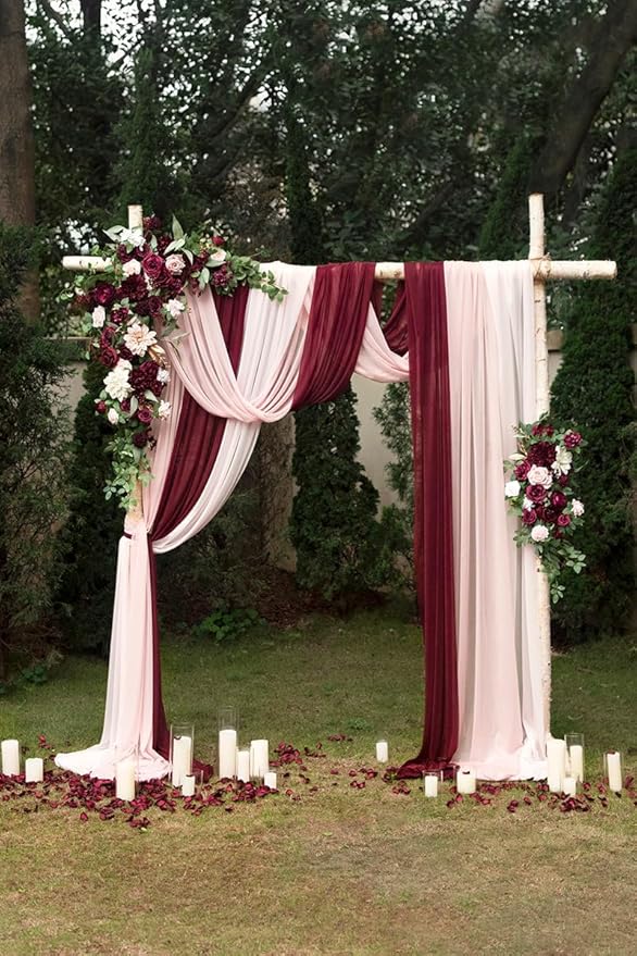 Ling's moment Deluxe Wedding Arch Flowers with Drapes Kit-Pack of 5, 2pcs Flower Arrangements 3pcs Hanging Sheer Drapes Pink Ceremony Arbor Red Backdrop Artificial Rose Floral Decorations