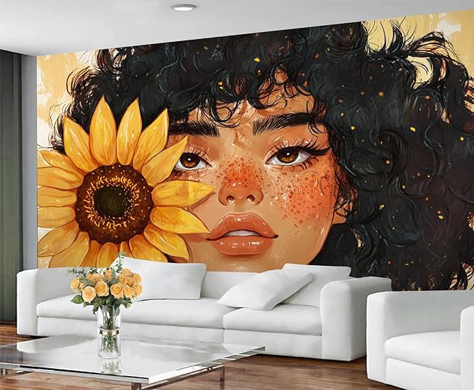 Sunflower Woman Art Wall Mural, Curly Hair Girl with Sunflower 3D Wall Murals, Modern Portrait and Flower Wallpaper Mural, for Living Room Bedroom Large Wallpaper Indoor Decor 169.3" W x118.2 H