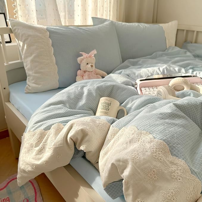 LifeTB Blue Gingham Duvet Cover Queen 3 Pieces Blue Plaid Comforter Cover with Chic White Lace Soft Microfiber Checkered Grid Duvet Cover with 2 Pillowcases Breathable Gingham Plaid Bedding Set