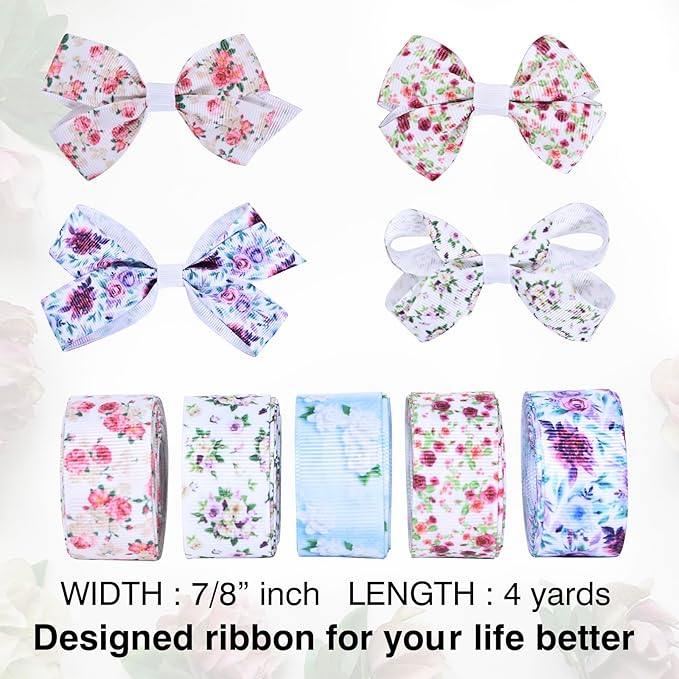 Floral Grosgrain Ribbon, 5 Rolls Flower Pattern Ribbon Spring Summer Fabric Decorative Craft Ribbon Roll for Gift Wrapping Decor Hair Bow Sewing Wreath Crafts (Mixed Color, 7/8Inch X 20Yards)