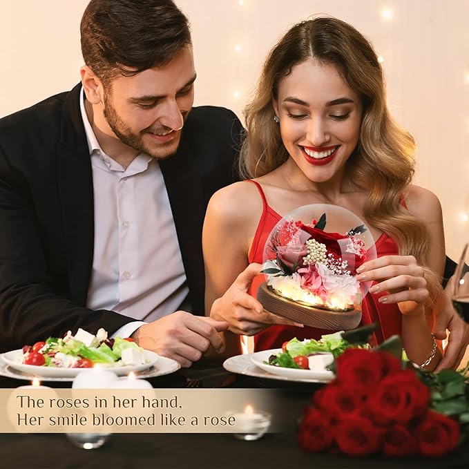 Preserved Flowers,Rose in Glass Dome with LED Light, Gifts for Her, Women, Mom,Grandma,Girlfriend, Wife- Style1