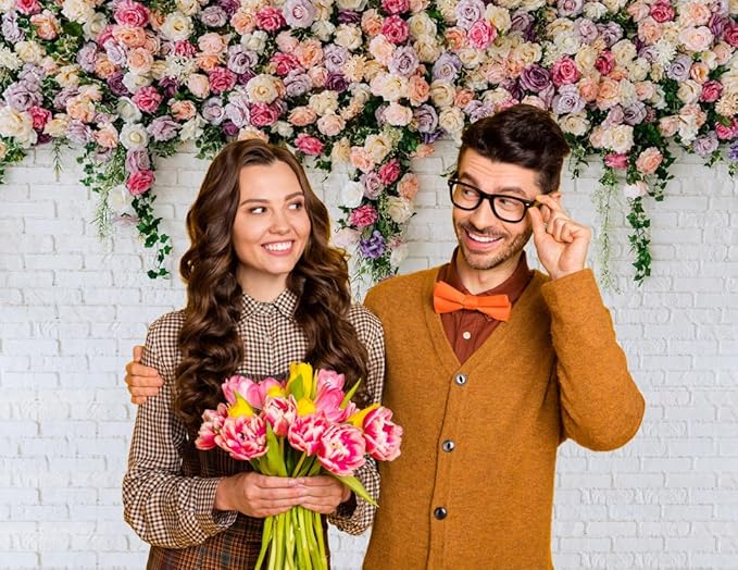 10X8FT White Brick with Flowers Backdrop Occasions Mother's Day Wedding Bridal Shower Birthday Party Banner Background Supplies DH-357