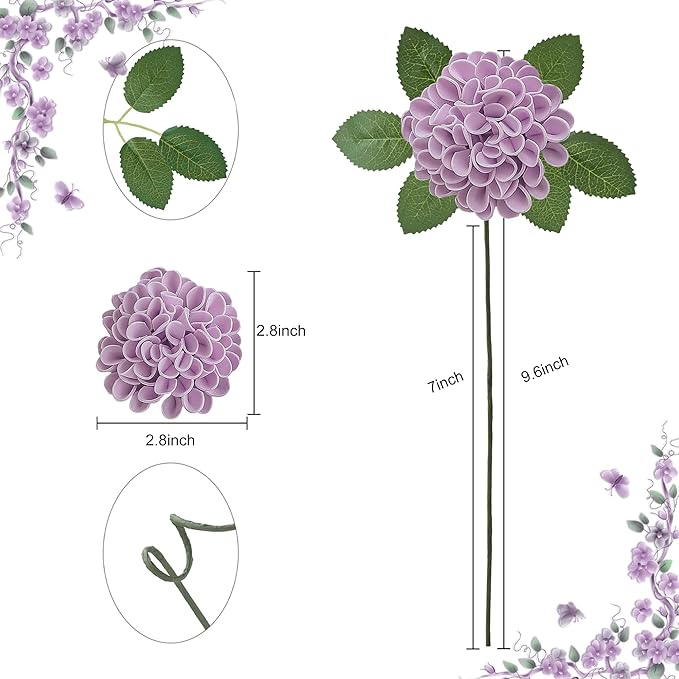 Artificial Flowers, 25pcs Realistic Artificial Rose for DIY Wedding Bouquets Centerpieces Arrangements, Purple Dahlia Flowers with Stem for Bridal Shower Party Home Decorations