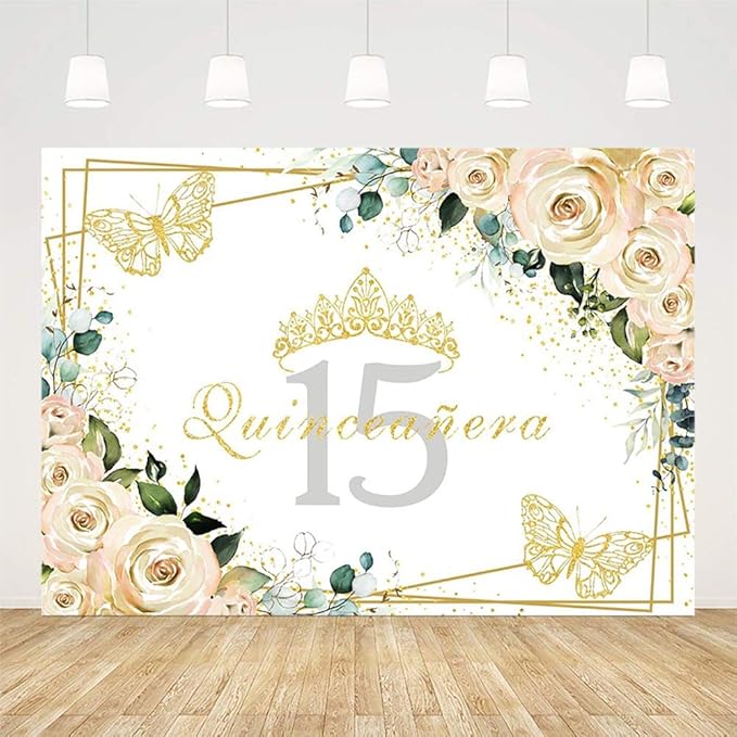 Sendy 7x5ft Quinceañera Backdrop Mis Quince 15 Anos Birthday Party Decorations Supplies Girl Princess White Floral Gold Crown Butterfly Photography Background Banner Photo Booth Studio Props Vinyl