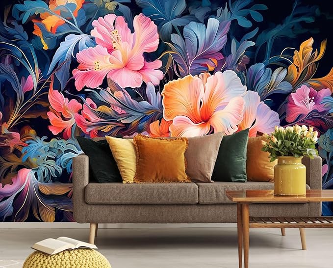 Hand-Painted Pink Botanical Floral Wall Mural, Peony Blossom Wallpaper, Decorative Background Mural（Non-self-Adhesive）