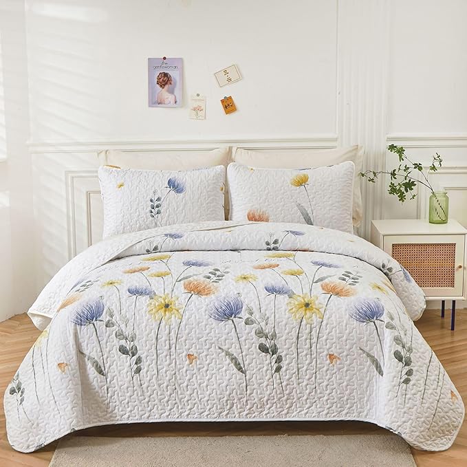 Dinjoy Floral Quilt Set King 3 Pieces Blue & Yellow Quilts Coverlet Set Bohemian Cute Bedspread Lightweight Farmhouse Bed Coverlet for Fall Winter All Season(110"x90")