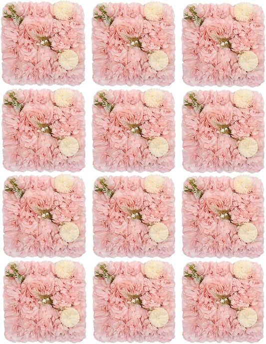 12Pcs Artificial Flower Wall Panel,3D 15" X 15" Silk Rose Mat Artificial Flower Wall,Decorative Backdrop Flower Panels Wall for Wedding Party Stage Baby Shower Decor (Pink,Champagne)