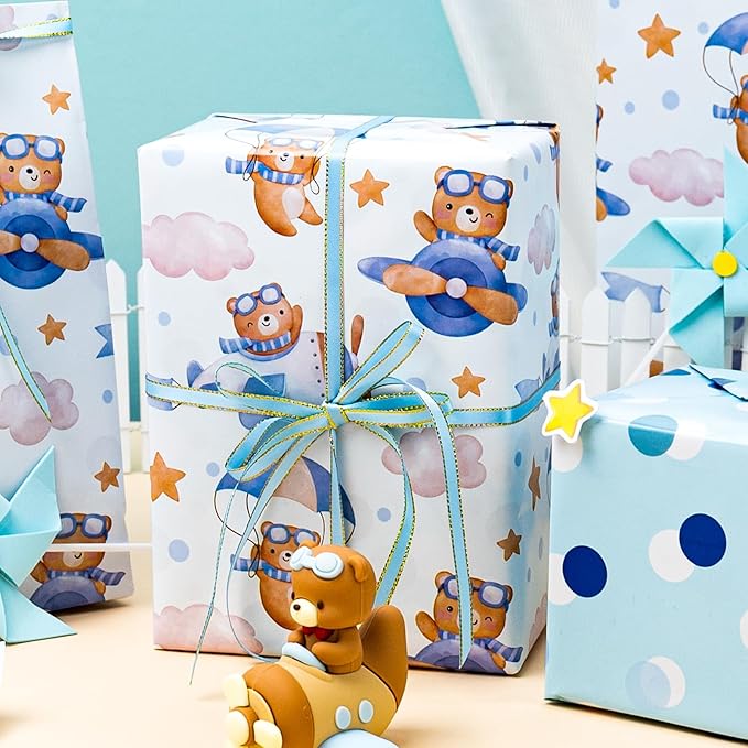Homeral Baby Shower Wrapping Paper Roll - Adorable Blue Pilot Bear Design, Reversible Gift Wrap for Boys Birthday, Gender Reveal - Stars, Dots, Airplane and Parachute - 17 Inch x 16.5 Feet