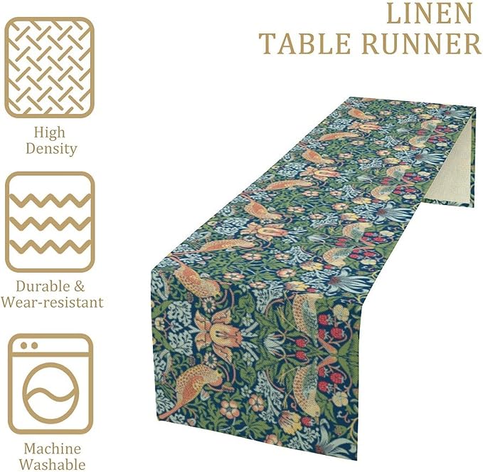 William Morris Floral Table Runner, Vintage Flowers Green Botanical Printed Table Runner for Home Kitchen Dining Table Decoration,13x108 Inch