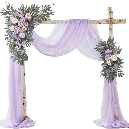 Wedding Arch Flowers with Drapes Kit (Pack of 4) - 2pcs Artificial Lilac Deluxe Swag with 2pcs Sheer Drapes for Wedding Ceremony Backdrop Rose Floral Decoration Arbor Reception