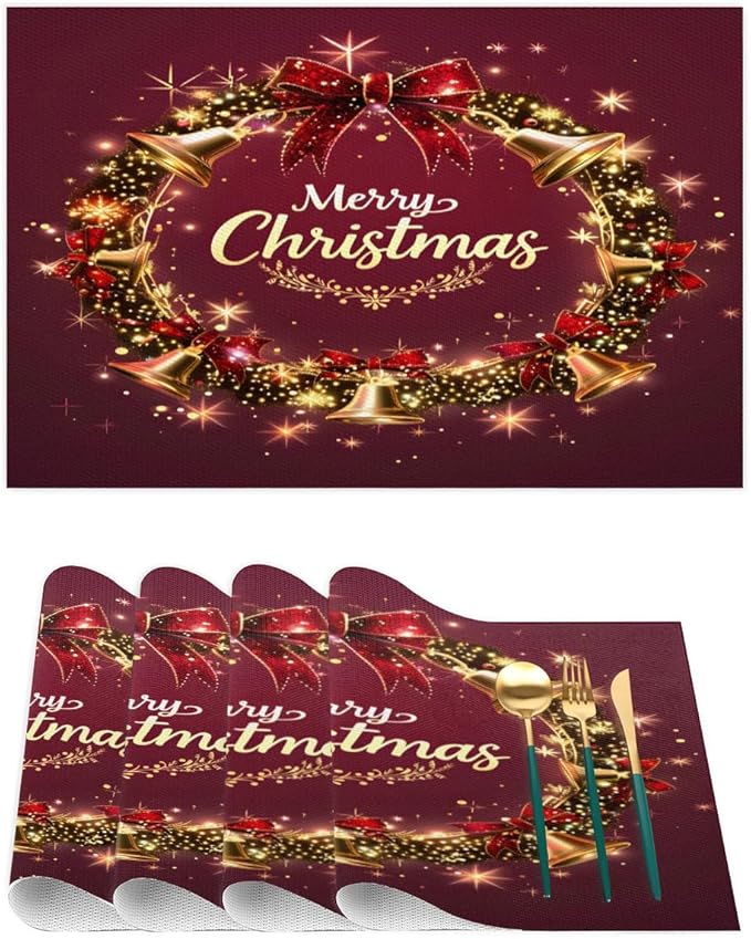 Xmas Christmas Bells Red Placemats Set of 6 PVC Vinyl Non Slip Table Mats Heat Resistant Place Mats Washable Wipeable Dining Table Mat for Kitchen Decor Party Indoor Outdoor Decorative Gift