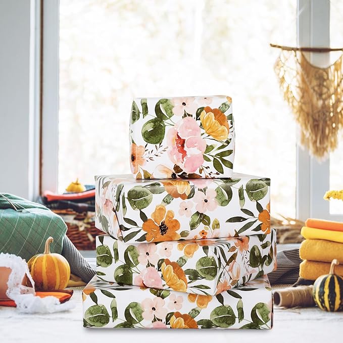 JarThenaAMCS Boho Floral Wrapping Paper Roll 16.9 In x 32.8Ft Spring Flower Gift Wrap Paper Watercolor Decorative Art Paper for Wedding Baby Shower Birthday Gift Packing Supplies