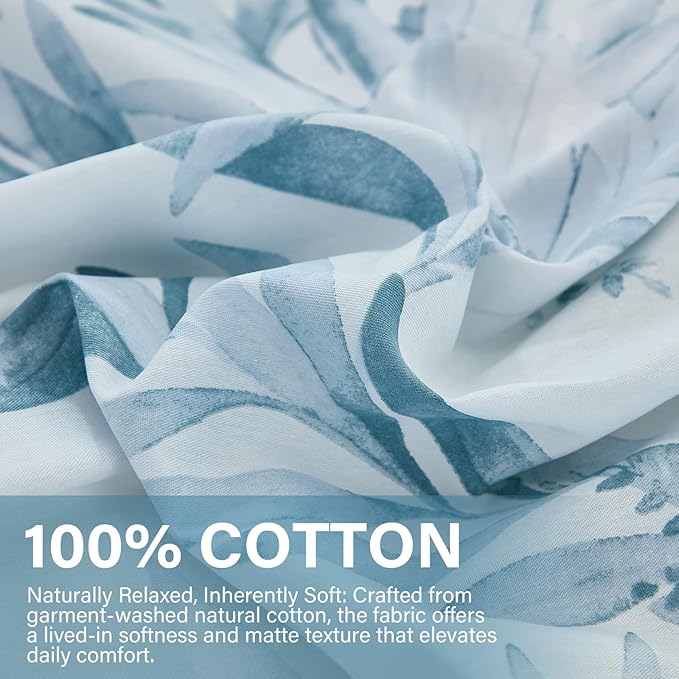 100% Cotton Duvet Cover King Size 3 Pieces, Blue Leaf Duvet Cover with Zipper Closure, Soft Floral Bedding Set White and Blue for All Season, Breathable, Ultra Soft