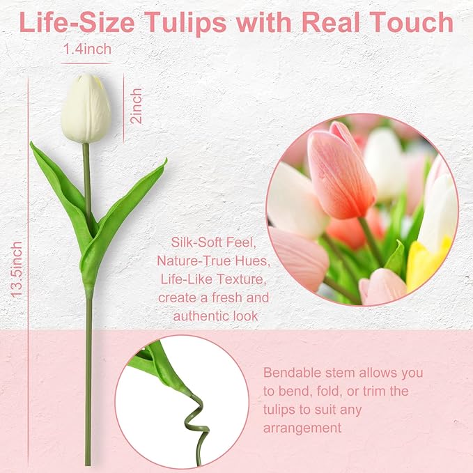 Real Touch Artificial Tulips, 20pcs Fake Tulip Flowers Stem, PU Faux Tulips 13.5” for Mother's Day, Home Decor, Wedding, Easter Valentine's Gift, Table Centerpieces, Floral Arrangements, Pink