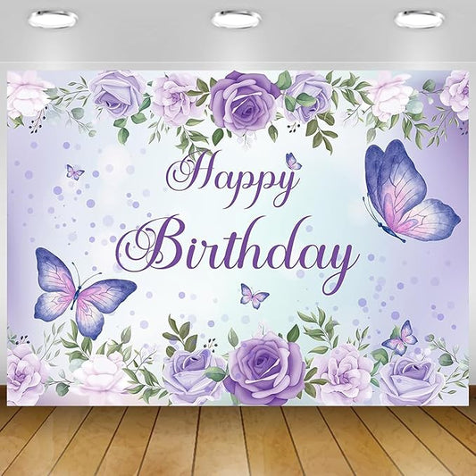 6x4Ft Butterfly Happy Birthday Backdrop Purple Butterfly Birthday Backdrops Decorations Girls Party Butterfly Photography Backdground Decoration Cake Table Banner