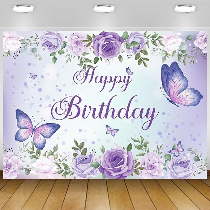 5x4Ft Purple Butterfly Birthday Banner Backdrop for Women Girl Purple Happy Birthday Backdrop Banner Rose Flowers Butterfly Decortions for Girl 's Party 59×47 inch