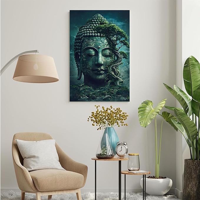 Buddha statue wall art canvas wall decor aesthetic picture mystical nature art for tranquil home and spiritual space 24x36in Wood Framed