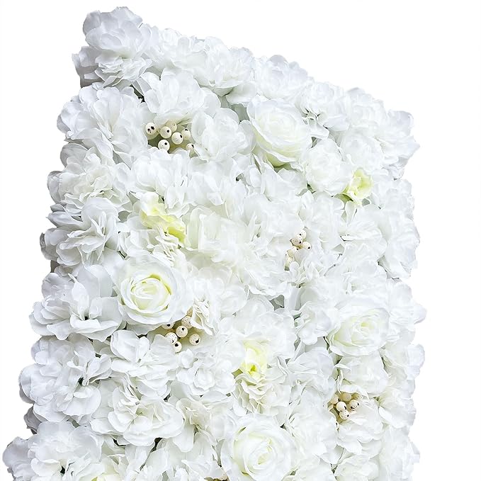 12pcs 24" x 16" Artificial Flower Wall Panel Background,3D White Plastic Hydrangea Rose Flowers Wall Backdrop for Wedding Party Event Photo Backdrop Wall Decor (White)