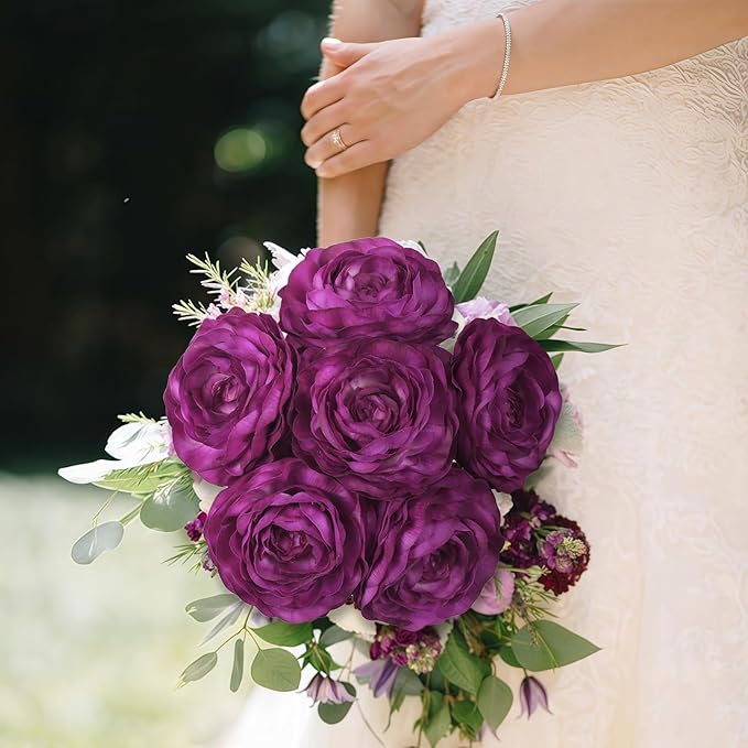 Ranunculus Artificial Flowers,6PCS Real Touch Flowers Bulk Purple Ranunculus Faux Flowers for DIY Wedding Bouquet Party Table Home Decor(Purple)