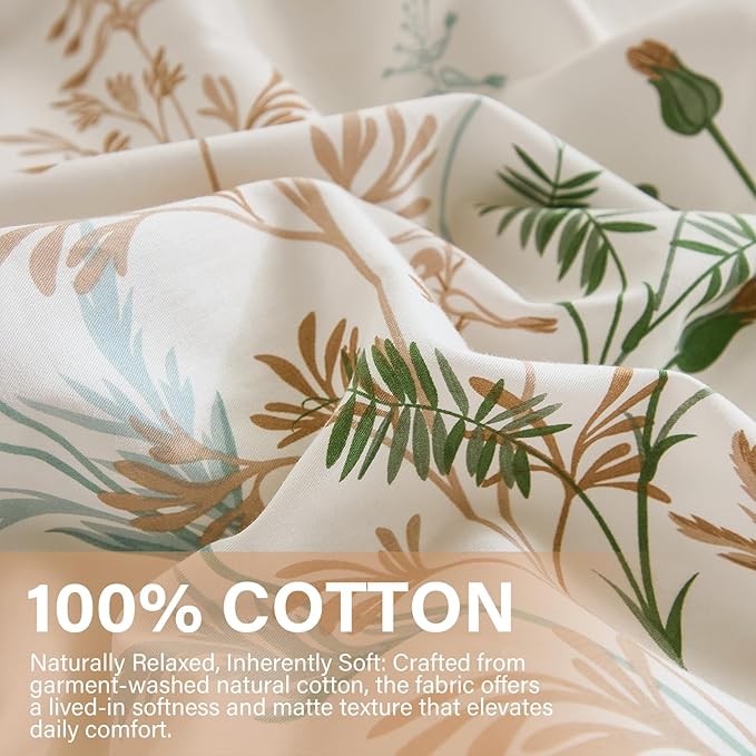 100% Cotton Duvet Cover Queen Size Ultra Soft Green Floral Comforter Cover with Luxurious Tan & Green Leaves on White, Reversible Lightweight Floral Duvet Cover Sets