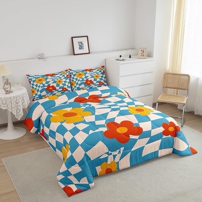 Castle Fairy Kids Vintage Groovy Daisy Flowers Queen Size Comforter Set,Abstract Blue Plaid Down Comforter Adults Bedroom Decor,70s Hippie Floral Ultra Soft Microfiber Inner Fill 3Pcs Bedding
