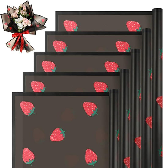 Liobelon 20 Sheets Flower Wrapping Paper Waterproof Bouquet Paper with Strawberry Pattern Black Gift Wrapping Paper for Flower Shop, Wedding, Birthday Party, Handmade DIY, Anniversary 22.8 x 22.8Inch