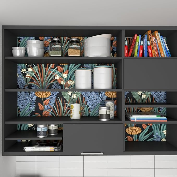 Boho Floral Peel and Stick Wallpaper Tropical Leaf Contact Paper,Vintage Botanical Flower Wall Paper, Self Adhesive Wall Mural 17.5" x 393" for Bedroom Cabinet Countertop Decor (Black, Orange, Blue)