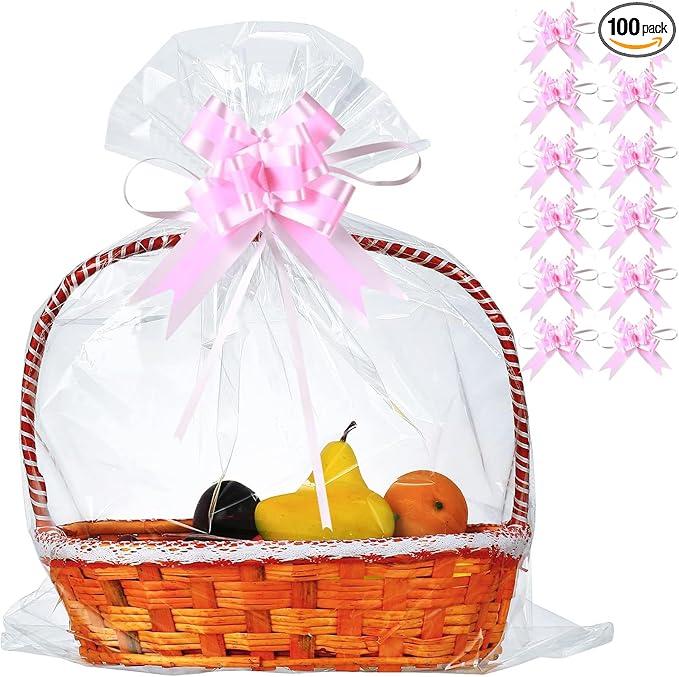 100 Packs 32” x 40” Gift Wrap Cellophane Bags for Basket Extra-large Jumbo Clear Cellophane Wraps Clear Huge Cello Bags for Basket, Gift, Christmas Tree, Treat, Art and Craft, 100ct Light Pink Bows