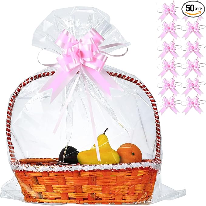 50 Packs 32 x 40 Inches Extra-large Inches Cellophane Bags for Basket Jumbo Clear Cellophane Wraps Clear Huge Cello Bags for Baskets, Gifts, Christmas Trees, Treats, Arts and Crafts, 50ct Ribbon Bows