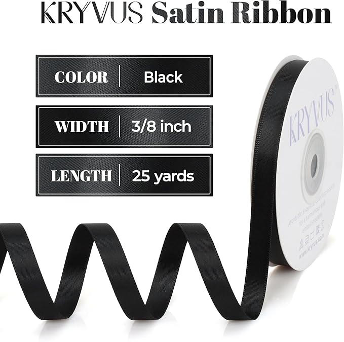 Double Faced Black Satin Ribbon, 3/8 Inch X 25 Yards Polyester Ribbon for Gift Package Wrapping, Crafts, Bow Making, Sewing, Flower Bouquet, Wedding Party Decor