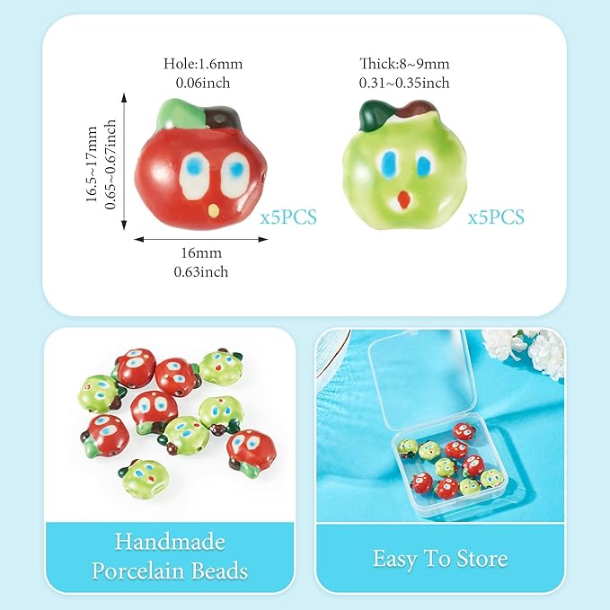 Beadthoven 10pcs Apples Porcelain Beads Red Green Fruits Handmade Ceramic Beads Cute Apples Cartoon Printed Cute Craft Spacers for DIY Jewelry Making Bracelets Necklace Beading Supplies
