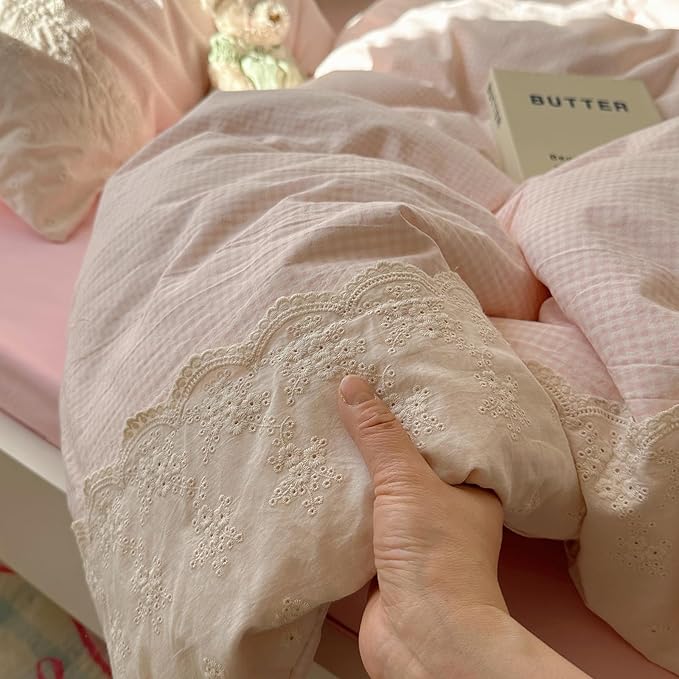 LifeTB Pink Gingham Duvet Cover Full Size 3 Pieces Romantic Lace Duvet Cover Pink Plaid Checkered Comforter Cover with 2 Pillowcases Soft Breathable Microfiber Grid Farmhouse Plaid Bedding Set