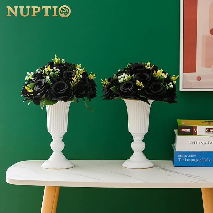 NUPTIO Black Artificial Roses Flowers: 6 Pcs Fake Flower Bouquet Halloween Decorations - 15 Heads Artificial Rose Centerpieces with Base for Gothic Wedding Party Table Decor