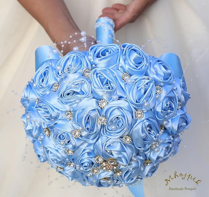 Bridal Wedding Bouquet Round Bling Brooch Bouquet Throw Toss Artificial Rose Flower Bunch for Bride Bridesmaid Wedding Quinceanera(Light Blue, 7.5")