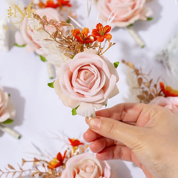Meldel Pink Velvet Rose Boutonniere for Men,Set of 6,Groom and Best Man Boutonnieres with Artificial Flower,for Wedding Ceremony Anniversary, Formal Dinner Party, Fall Vintage Rustic Marriage Prom