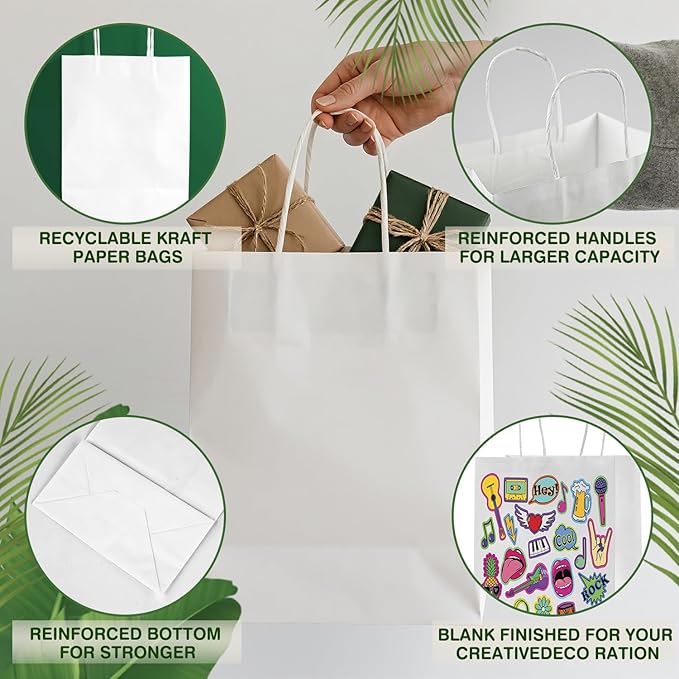 Ginkgo 100 Pack Paper Gift Bags with Handles, Medium Size White Paper Bags Bulk, 8x4.25x10.25 Kraft Bag for Shopping, Grocery, Business, Retail, Party Favor, Takeout, Goodie, Craft