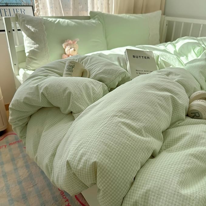 LifeTB Green Gingham Comforter Set Full Size Princess Lace Style Vintage Plaid Checkered Comforter Chic Gingham Farmhouse Bedding Set Lightweight Fluffy Soft Green Plaid Grid Comforter Set Full