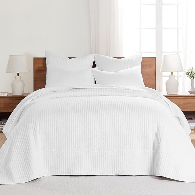 Levtex Home Cross Stitch Reversible Full Bedspread Set (100x104in) with 2 Pillow Shams (26x20in) - Stitch Texture - Bright White - Cotton Full Size Bedspread Set - Lightweight, Soft, Pre-Washed