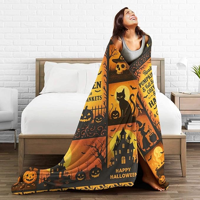 Halloween Blanket Gothic Witch Throw Blanket Pumpkin Soft Cozy Fleece Black Cat Fuzzy Stuffed Plush Ghost Skull Flannel Gifts for Girls Women Boys Kids Adults 40''x50''