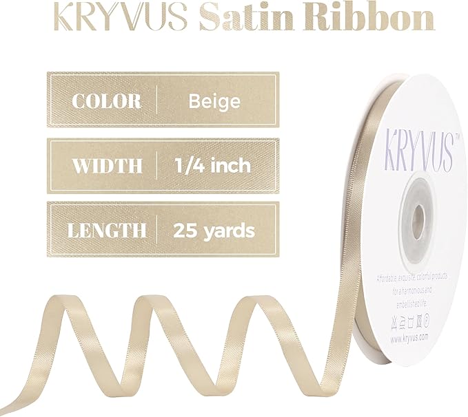 Beige Satin Ribbon, Double Faced 1/4 Inch X 25 Yards Beige Ribbon, Premium Satin Ribbon for Gift Wrapping, Crafts, Hair Bow Making, Sewing, Flower Bouquet, Wedding Party Decor