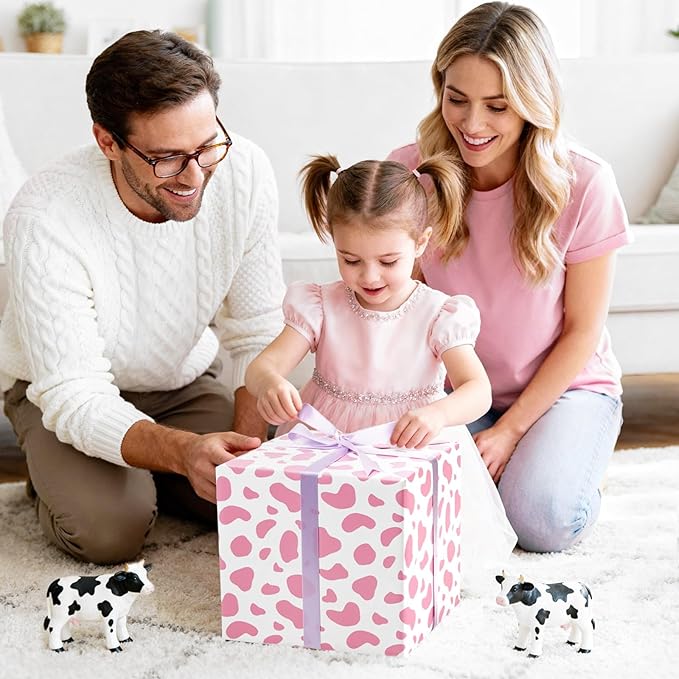 WERNNSAI Pink Cow Wrapping Paper Roll - 1 Roll 17”x 16.4ft Cow Print Gift Wrap Paper Farm Animal Gift Packing Roll for Kids Girls Baby Shower Birthday