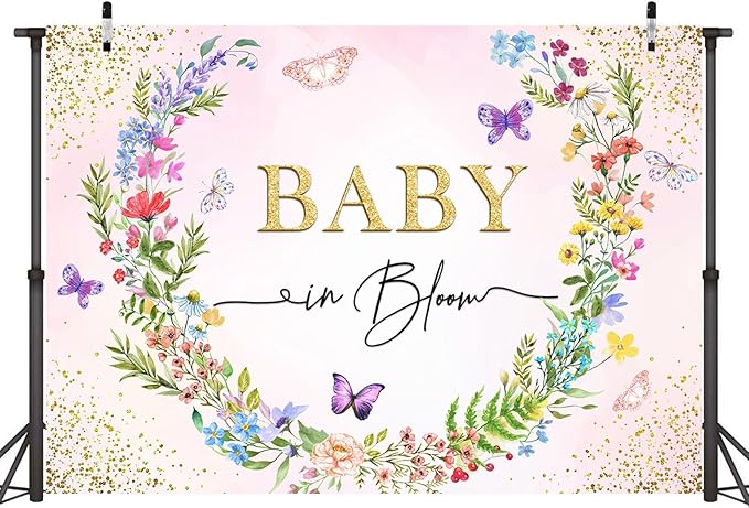 Sensfun Baby in Bloom Backdrop Banner Girls Wildflower Baby Shower Decorations,Pink Floral Butterfly Gold Glitter Photography Background for Wildflowe Baby Shower Newborn Party Photo Booth Props 8x6ft