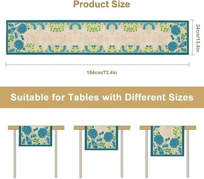 Vintage Floral Table Runner, Elegant Blue Flowers Nature Design Table Runner for Kitchen Dining Holiday Party Home Decoration, 13x60 Inch