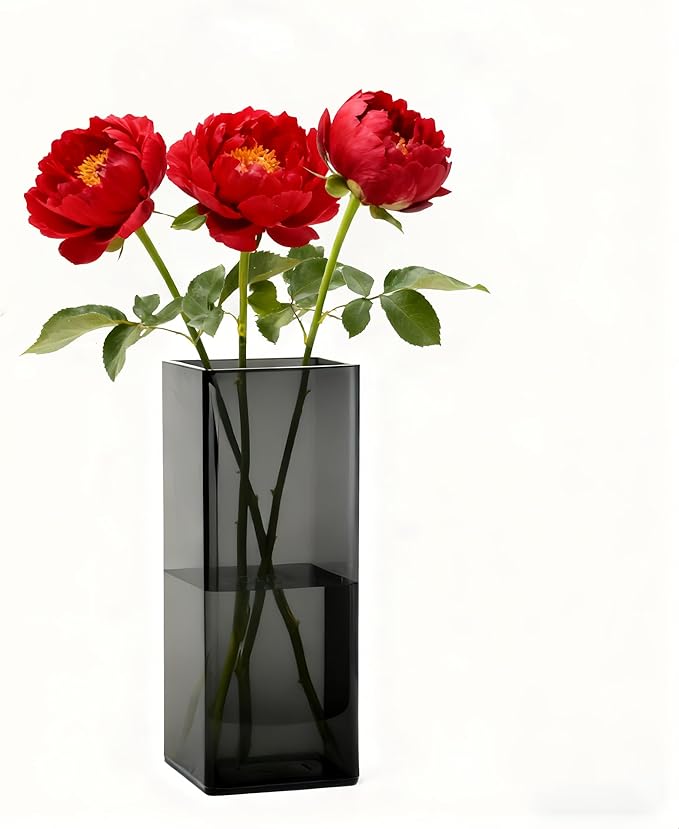 Acrylic Square Flower Vase, Non-breakable Vase, 5" x 5" x 12" Tall Grey Vases for Flower, Large Cube Floral Plant Container, Planter Terrarium for Wedding Party Event, Home Office Decor