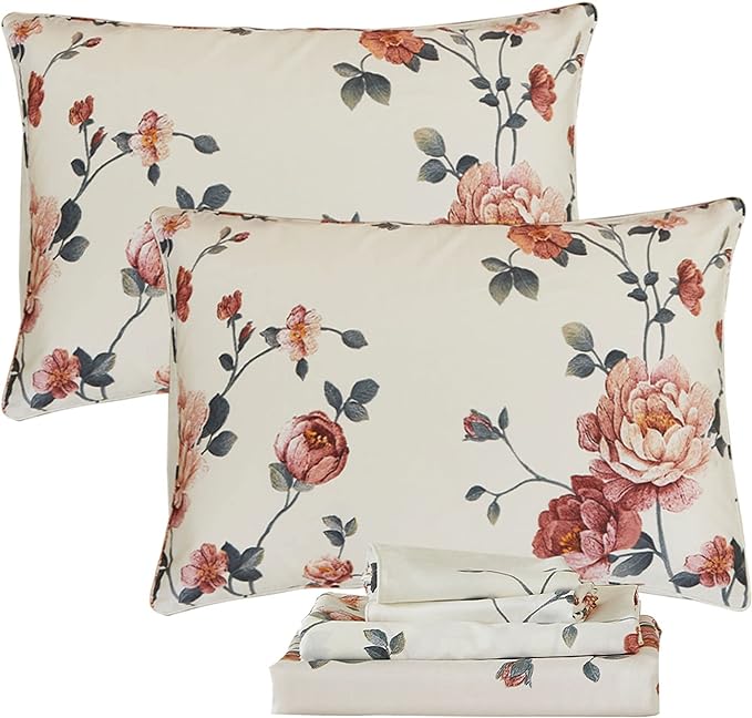 FADFAY Sheets Set Cal King Shabby Beige Floral Bedding Elegant Peony Sheets Set Vintage Flower Bedding Collections 800 Thread Count 100% Egyptian Cotton Deep Pocket Fitted Sheet, 4Pcs-California King