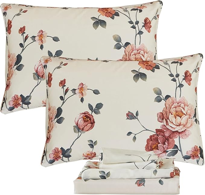 FADFAY Sheets Set Twin Shabby Beige Floral Bedding Elegant Peony Sheets Set Vintage Flower Bedding Collections Soft 100% Egyptian Cotton 800 Thread Count Deep Pocket Fitted Sheet, 4Pcs-Twin Size
