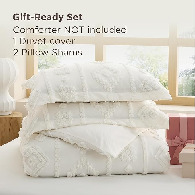 Bedsure Boho Duvet Cover Queen Size - White Tufted Boho Bedding, Farmhouse Shabby Chic Embroidery Bedding for All Seasons, 3 Pieces, 1 Soft Jacquard Queen Comforter Cover and 2 Pillow Shams